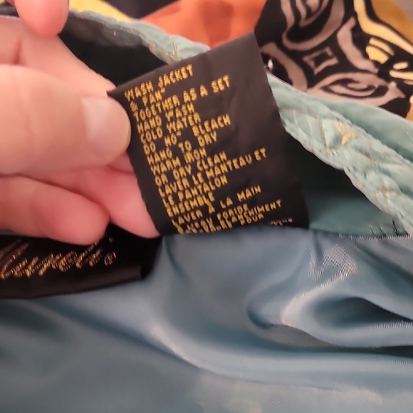 Vintage 80s 100% Silk Bomber Jacket XL Teal Gold Feather Embroidered Zip - Picture 14 of 16